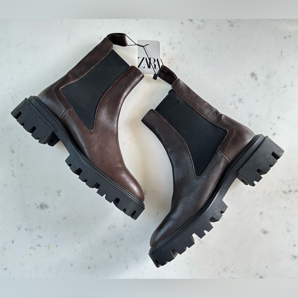 NWT Zara Dark Brown Leather Ankle Boots